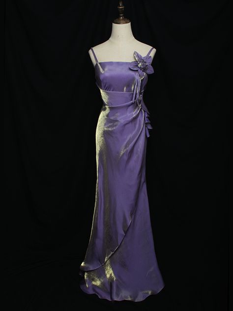 Step into timeless elegance with our Purple Vintage Floral Embellished Sheath Gown. This stunning evening dress features delicate spaghetti straps and is adorned with exquisite floral embellishments at the bodice, adding a touch of romantic charm. The rich purple hue exudes sophistication, making it the perfect choice for any formal event.  Garment Size   	 		 			Size 			S 			M 			L 			XL 		 		 			Bust 			82 			86 			90 			94 		 		 			Waist 			66 			70 			74 			78 		 		 			Hips 			88 			92 			96 Purple Dress Evening, Orchid Prom Dresses, Simple Long Purple Dress, Purple Empire Waist Dress, Vintage Winter Formal Dresses, Vintage Prom Dresses 90s Purple, Enchanted Forest Prom Dresses Blue, Short Vintage Dresses, Whimsigoth Bridesmaid Dress