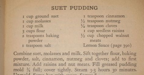 Steamed Puddings, Penuche Fudge, Spinach Souffle, Suet Pudding, Indian Pudding, Mocha Frosting, Onion Pie, Blueberry Salad, Date Pudding