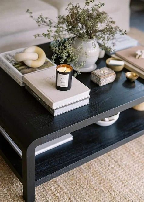 20 Dark and Moody Coffee Table Styling Ideas » Lady Decluttered Styling A Rectangular Coffee Table, Black Coffee Table Aesthetic, Cozy Coffee Table Decor, Moody Coffee Table Decor, White Couch Black Coffee Table, Table Tray Decor Ideas Living Room, Black Coffee Table Styling, Moody Coffee Table, Square Black Coffee Table