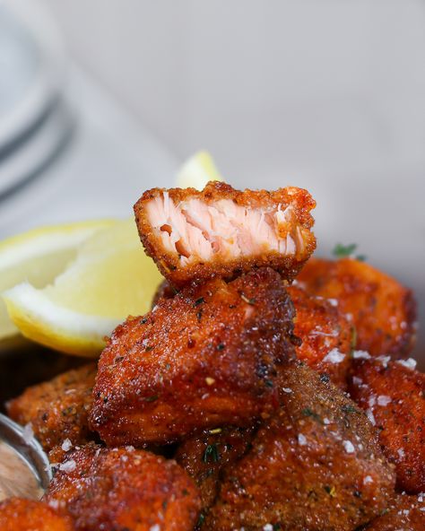 Hot Honey Fried Fish, Candied Salmon Air Fryer, Quick Kid Dinners, Air Fryer Salmon Bites Honey, Hot Honey Crispy Salmon Bowls, Salmon Recipes Crispy, Air Fryer Hot Honey Salmon Bites, Crispy Hot Honey Salmon Bites, Hot Honey Fried Catfish