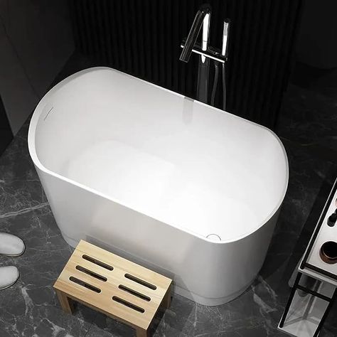 Weibath 40" Japanese Soaking Bathtub Modern Deep Oval Freestanding Tub in Matte White Stone Resin - Amazon.com Tub Remodel, Building Types, Tiny Bath, Built In Seating, Resin Design, Soaking Bathtubs, Bath Faucet, Tub Filler, Free Standing Tub