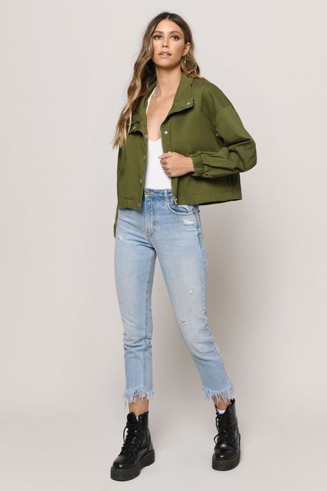 8c01a75941549a705cf7275e41b21f0ddesc47962498ri Olive Green Leather Jacket Outfit, Green Jean Jacket Outfit, Crop Top Jacket Outfits, Army Green Jacket Outfit, Crop Jacket Outfit, Olive Jacket Outfit, Cargo Jacket Outfit, Olive Green Jacket Outfits, Short Jacket Outfit