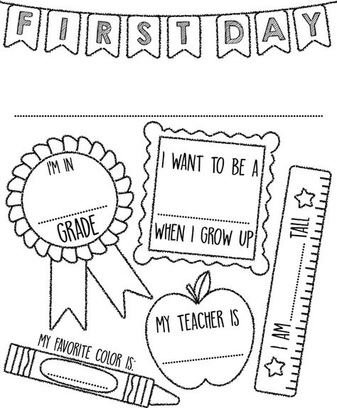 Send your child back to school with a coloring page to remember their first day! Download the template, print, color and snap a photo with your student. First Day Of School Scrapbook Pages, Icebreaking Activities, Kindergarten Colors, Crayola Coloring Pages, All About Me Preschool, Kindergarten Coloring Pages, School Template, Coloring Pages Inspirational, First Day Of School Activities