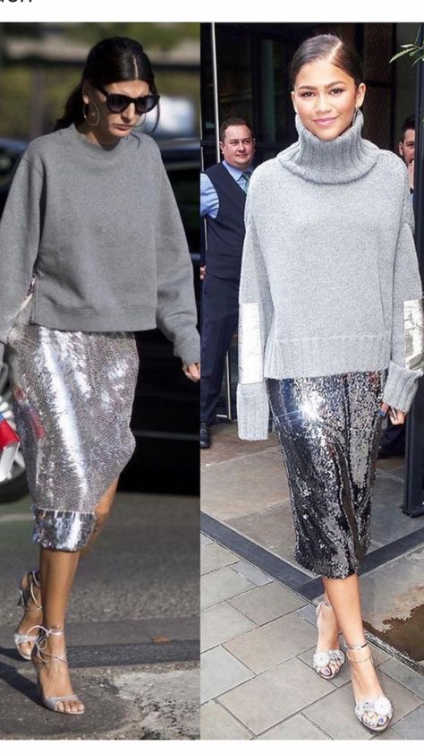 Iridescent Pants Outfit, Grey Sequin Skirt Outfit, Sequin Skirt Winter Outfit, Sequence Skirt Outfit, Silver Sequin Skirt Outfit, Silver Skirt Outfit, Glitter Skirt Outfit, Silver Skirt Outfits, Sequin Skirt Outfit