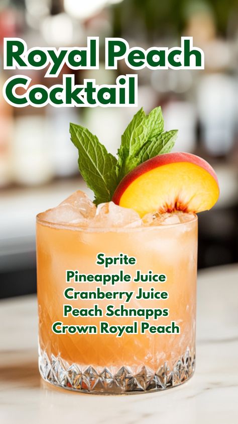 The Royal Peach Cocktail is a delightful fusion of sweet and fruity flavors, featuring the smooth notes of Crown Royal Peach and peach schnapps. Complemented by cranberry and pineapple juices and topped with a splash of Sprite, this cocktail is a refreshing treat perfect for any occasion, especially those warm summer evenings.  #royalpeachcocktail #peachcocktails via @mybartender Royal Peach Cocktail, Peach On The Beach Drink, Sweet Fruity Cocktails, Best Fruity Cocktails, Peach Crush Cocktail, Peach Flavored Alcoholic Drinks, Peach Whisky Cocktails, Crown Royal Peach Cranberry Juice, Peach Drinks Alcohol Cocktails