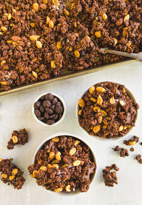 Peanut Butter Chocolate Granola (Dessert Granola) - Robust Recipes Chocolate Peanut Butter Granola, Peanut Butter Granola Recipe, Granola Dessert, Melted Chocolate Chips, Peanut Chocolate, Honey Roasted Peanuts, Peanut Butter Granola, Dairy Free Chocolate Chips, Coconut Peanut Butter