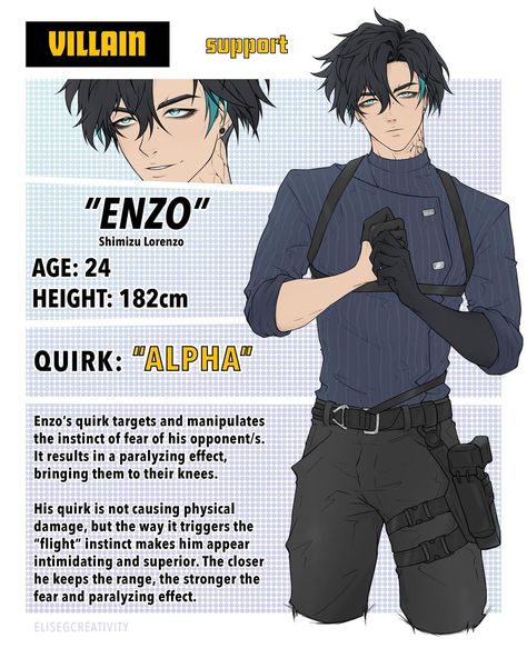 Elise G. on Instagram: “#bnhaoc • I present my second villain; Lorenzo, aka Enzo ❤️‍🔥 - In contrast to Zenith, Enzo is more emotionally available towards his…” Mha Hero Costumes Ideas, Bnha Quirks Ideas, Emotionally Available, My Hero Academia Costume, Kids Hero, Villain Character, Start Drawing, Dragon Artwork Fantasy, Hero Time