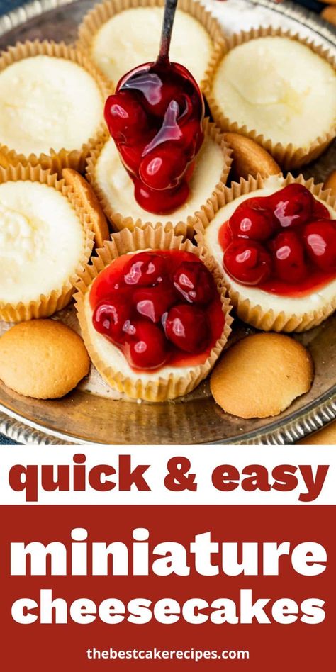 Learn how to make mini cheesecake cups with an easy cookie crust. There are endless topping ideas for these creamy cheesecakes. Bills Wafer Mini Cheesecakes, Cheesecake Tarts With Vanilla Wafers, Mini Cherry Cheesecakes Vanilla Wafers, Cream Cheese Cups Desserts, Cherry Cream Cheese Tarts, Strawberry Cheesecake Mini Cups, Sugar Cookie Cheesecake Cups, Mini Muffin Cheesecake Bites, Cheesecake Mini Cups