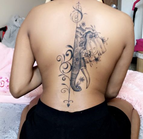 Elephant Back Piece Tattoo, Elephant Tattoos Spine, Spine Tattoos For Women Elephant, Elephant Tattoos Back For Women, Elephant Back Tattoos For Women, Back Tattoo Women Elephant, Butterfly And Elephant Tattoo, Elephant Tattoo Design For Women Arm, Elephant Spine Tattoo