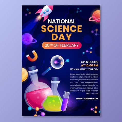 Gradient national science day vertical p... | Free Vector #Freepik #freevector #science-day #science-poster #science-template #event-poster Science Month Pubmat, Science Club Poster, Painting Event Poster, Science Event Poster, Science Pubmat, National Science Day Poster, Science Poster Design, Science Day Poster, Stem Fair Projects