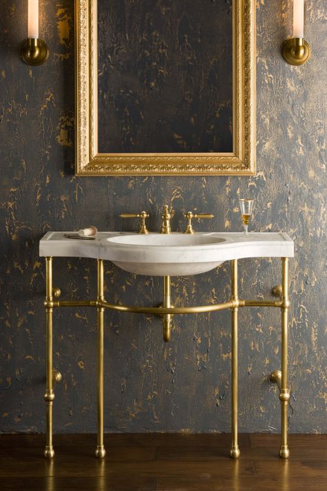 4-Leg Curved Console shown in Brass with Carrara Marble Sink. Available at Renaissance in Old Town. Stone Forest, Towel Bar Bathroom, Custom Sinks, Console Sink, Honed Marble, Marble Sinks, Gorgeous Bathroom, Pedestal Sink, Sink Top