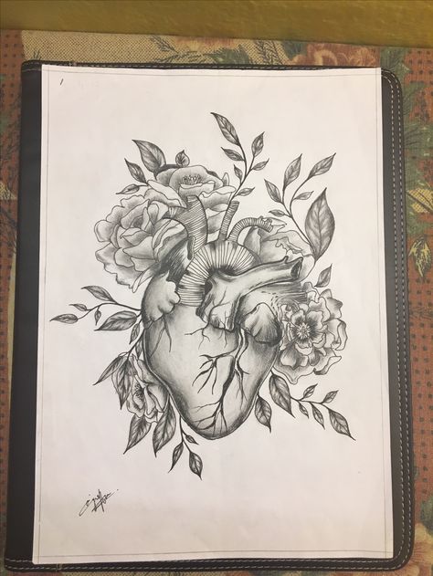 Drawing Of A Heart With Flowers, Heart With Flowers Growing Out Of It, Realistic Heart Tattoo Flowers, Realistic Heart Drawing Step By Step, Heart And Flowers Drawings, Heart With Flowers Painting, Heart Drawing With Flowers, Heart Flowers Drawing, Flower Collage Tattoo