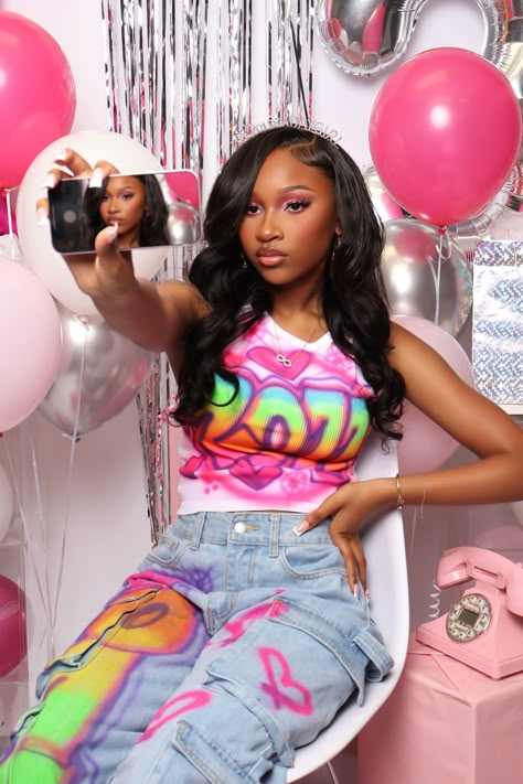 Luxury Birthday Photoshoot Ideas, Sweet 16 Shirts Ideas Design Birthday, Photoshoot Ideas 13th Birthday, 11 Birthday Photoshoot Ideas, 12 Birthday Photoshoot Ideas, 13 Birthday Photoshoot, Birthday Photoshoot Ideas 13, Neon Photoshoot Ideas, 90s Themed Photoshoot