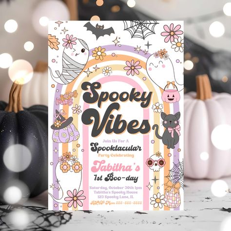 Celebrate your little's spooktacular birthday with these adorable ghost inspired Halloween birthday invitations. HERE: https://www.etsy.com/listing/1771876119 #halloweenpartyideas #halloweenpartyinvites #halloweenparty #halloweenbirthdayparty #halloweeninvitation #halloweeninvites #halloweenthemedparty #kidshalloween #kidshalloweenpartyideas #kidshalloweeninvitation #halloweenpartyinvite #digitalhalloweeninvite #halloweeninvitations Ghost Birthday Party, Rainbow Ghost, Ghost Birthday, Groovy Rainbow, Halloween Birthday Party Invitations, Cocktails Party, Hippie Halloween, Spooky House, Halloween Party Invitations