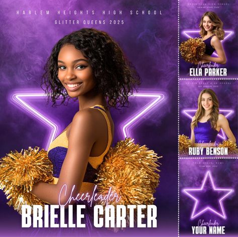 Editable Cheerleader Canva Poster with Purple Lights, Cheer Dance Poster, Cheer Background, Cheer Backdrop Canva Poster, Purple Sport Poster College Cheerleader, Poster Purple, Cheer Posters, Cheerleading Competition, Dance Background, Purple Lights, Cheer Spirit, Purple Neon, Cheerleading Gifts