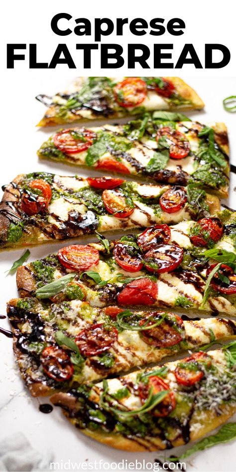 Perfect for a quick vegetarian dinner or an easy party appetizer, this Caprese flatbread takes just minutes to throw together and includes a crispy, flatbread crust, homemade spinach pesto, lots of fresh mozzarella cheese, ripe grape tomatoes and a tangy balsamic glaze along with fresh basil! Flat Bread Recipe For Pizza, Homemade Flat Bread Pizza, Flat Bread Topping Ideas, Naan Flatbread Pizza, Flat Bread Dough Recipe, Flat Bread Toppings, Easy Flat Bread Recipe, Flat Bread Recipe Pizza, Flat Bread Pizza Dough