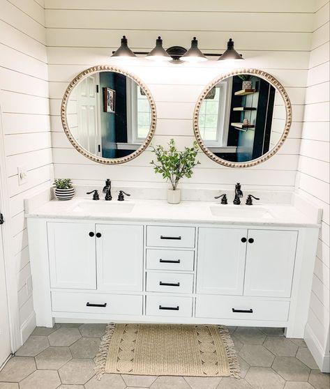 Double Vanity Mirror Ideas, Shiplap Bathroom Wall, Frameless Mirrors, Shiplap Bathroom, Bedroom Addition, Guest Bathroom Remodel, My Vanity, Farmhouse Vanity, Laundry Design