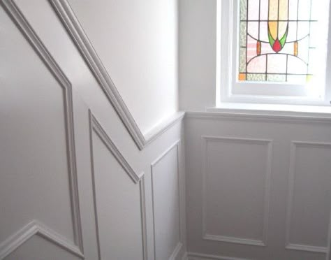 Hall Panelling, Staircase Paneling, Hallway Panelling, Panelling Ideas, Panelled Walls, Stair Paneling, Hall Stairs And Landing, Entrance Hall Decor, Hall And Stairs