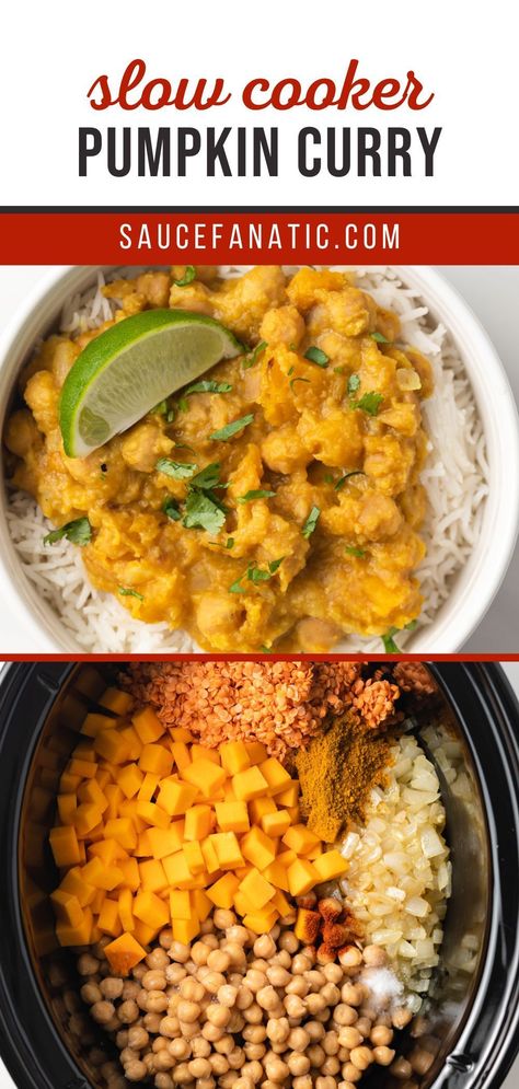 Vegan Recipes Slow Cooker, Slowcooker Fall Recipes, Slow Cooker Pumpkin Curry, Slow Cooker Pumpkin Recipes, Indian Food Crockpot Recipes, Slow Cooker Indian Curry, Pumpkin Slow Cooker Recipes, Vegan Fall Recipes Dinners, Pumpkin Crockpot Recipes