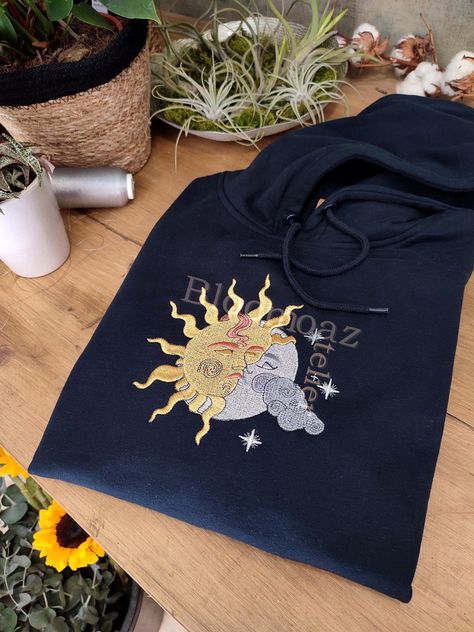 Embroidered Sun, Embroidered Art, Navy Hoodie, Gold Threads, Sun And Moon, Gift For Him, Nature Art, Hoodie Sweatshirt, Pullover Sweater