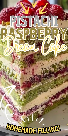 Pistachio Raspberry Dream Cake Champagne Raspberry Cake, Moist Pistachio Cake, Pistachio Cake Filling, Pistachio Raspberry Cake, Pistachio And Raspberry, Pistachio Cake Recipe, Pistachio Raspberry, Kiwi Cake, Raspberry Cake Recipes