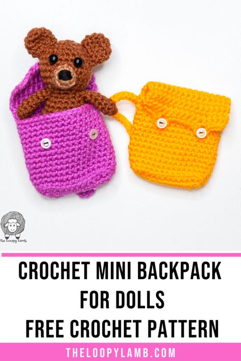 Crochet Backpack For Doll, Crochet Doll Backpack, Crochet Small Backpack, Crochet Mini Backpack Free Pattern, Amigurumi Backpack, Crochet Mini Backpack, Crochet Minis, Learning Crochet, Pepper Mint