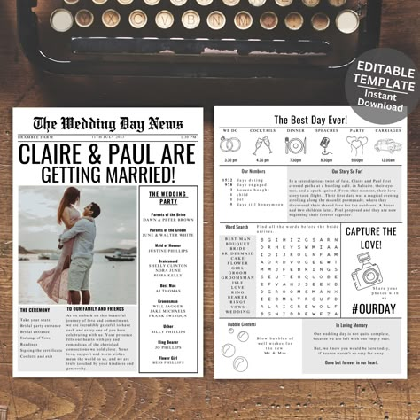 Celebrate your special day with a touch of vintage charm and elegance using our newspaper wedding program template! This editable and printable infographic-style program will add a unique and personalised touch to your wedding day, guiding your guests through each memorable moment. With its timeless newspaper design, this programme captures the essence of your love story, combining tradition with a modern twist. The captivating layout beautifully displays your wedding day order of service, ensur Wedding Program Newspaper, Wedding Day Newspaper, Newspaper Program Wedding, Wedding Newspaper Ideas, Wedding Newspaper Program, Order Of Service Wedding, Wedding Programme, Newspaper Wedding, Newspaper Wedding Programs