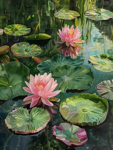 ↑↑↑ Larger size on website 🔸 A painting depicting a serene pond scene. Lush green lily pads float on the water's surface, adorned 🔸 From Midjourney AI Image Pond With Lily Pads Drawing, Lily Pads Art, Water Lily Garden, Frog Pond Painting, Lily Pads Illustration, Lilypads Art, Lily Pads Painting, Fantasy Pond, Lilypad Art