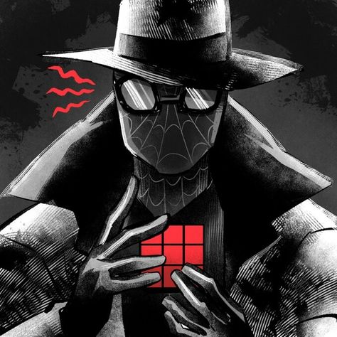 Spiderman into the SpiderVerse by 澈(Che) @cyanwhisky Spider Noir Fan Art, Spider Noir Aesthetic, Spiderman Noir Pfp, Spider Noir Fanart Face, Spider Man Noir Wallpaper, Spider Noir Comic, Spider Man Noir Comic, Spider Noir Without Mask, Spider Man Noir Fanart