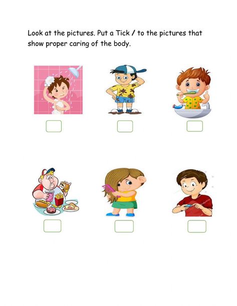 Caring for The Body - Interactive worksheet Taking Care Of Your Body Worksheets, Taking Care Of My Body Preschool, Good Habits Worksheet For Kindergarten, Body Worksheets For Kindergarten, Body Worksheet, Toddler Lesson Plans Template, Good Habits For Kids, Human Body Worksheets, Kindergarten Addition