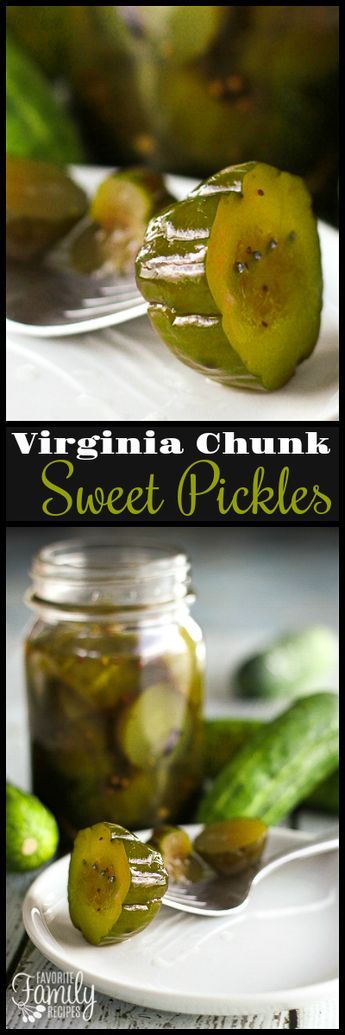 These Virginia Chunk Sweet Pickles were a childhood favorite of mine. They are canned and are crisp, sweet, slightly tangy, & perfectly delicious! via @favfamilyrecipz Sweet Pickle Recipes Homemade, One Jar Pickle Recipe, Homemade Sweet Pickles Recipe, Sweet Bread And Butter Pickles, Recipe For Bread And Butter Pickles, Bread And Butter Jalapenos Canned, Fermented Bread And Butter Pickles, Yum Yum Pickles Recipe, Sliced Pickle Recipe