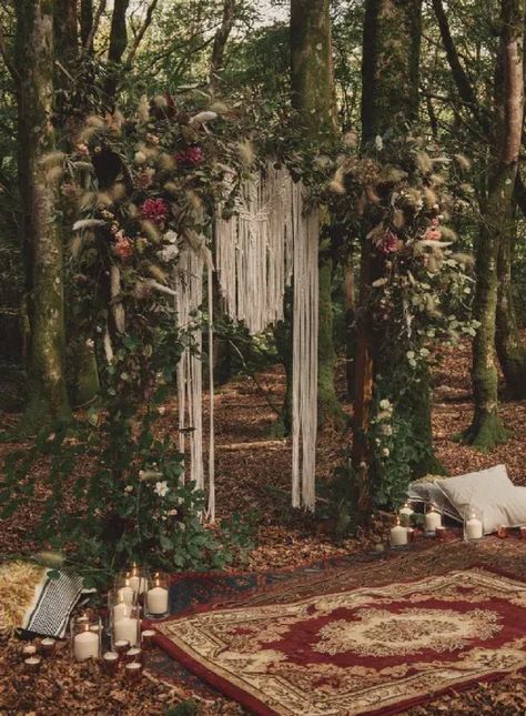 Forest Wedding Altar Ideas, Forest Theme Wedding Backdrop, Boho Forest Wedding Decor, Viking Wedding Alter, Forest Wedding Arbor, Practical Magic Themed Wedding, Dark Harvest Wedding, Autumn Woods Wedding, Wedding In Woods Forests