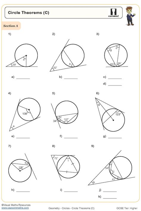 Enhance your students' understanding of circle theorems with this comprehensive Circle Theorems Worksheet. This educational resource focuses on the theorems derived from tangents intersecting circles, offering a valuable learning experience for students. Ideal for math teachers looking to reinforce geometric concepts in an engaging way, this worksheet is designed to support student mastery of circle theorems and enhance problem-solving skills. Empower your classroom with targeted practice that p Year 9 Maths Worksheets, Ks3 Maths Worksheets, Ks1 Maths Worksheets, Year 6 Maths Worksheets, Year 7 Maths Worksheets, Circle Theorems, Maths Worksheets, Circle Math, Gcse Math