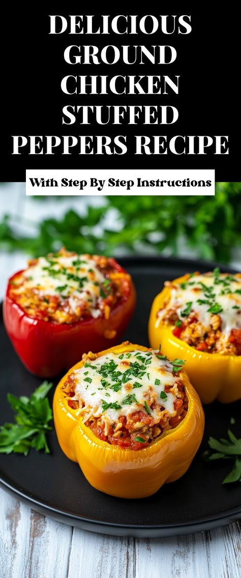 Image for Delicious Ground Chicken Stuffed Peppers Recipe Low Carb Chicken Stuffed Peppers, Low Calorie Flavorful Recipes, Stuffed Peppers With Ground Chicken, Ground Chicken Low Calorie Recipes, Low Calorie Ground Chicken Recipes, Low Calorie Stuffed Peppers, Chicken Stuffed Pepper, Stuffed Peppers Chicken, Ground Chicken Stuffed Peppers