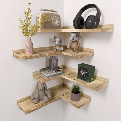 Small Room Shelf Ideas, Wood Corner Shelves, Pine Wood Walls, Wall Mounted Corner Shelves, Pipe Shelf, Floating Corner Shelves, Cottage Room, Corner Wall Shelves, Decor Ideas Bedroom