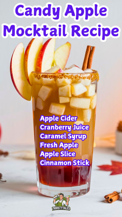 "Indulge in the festive flavors of fall with our Candy Apple Mocktail  Recipe! This non-alcoholic Candy Apple drink is perfect for Halloween  parties and gatherings. Enjoy a sweet and spooky twist with our Creepy  Candy Apple Mocktail or delight your guests with a Festive Candy Apple  Mocktail. Whether you're craving a Sweet Candy Apple Mocktail or a  Halloween Candy Apple Mocktail, this easy-to-make Candy Apple drink  recipe is sure to impress." Fun Fall Mocktail Recipe, Fancy Non Alcoholic Drinks Easy, Fall Non Alcoholic Drinks, Halloween Mocktail Recipe, Fall Mocktail Non Alcoholic, Halloween Mocktails Non Alcoholic, Fall Drinks Nonalcoholic, Halloween Drinks Nonalcoholic, Alcoholic Candy