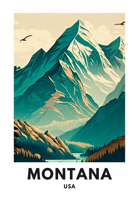 This travel poster captures the stunning beauty of Montana, with its soaring mountain peaks, crystal clear lakes, and endless fields of wildflowers. Whether you're an avid outdoors enthusiast or simply looking for a peaceful retreat, Montana is the perfect destination for you. Hang this poster in your home or office and let its breathtaking scenery inspire you to plan your next adventure in the Big Sky Country. Montana Illustration, Endless Summer Poster, Montana Poster, Montana Aesthetic, Travel Signs, Graphic Mountain, Planter Designs, Visual Composition, 2024 Graphic