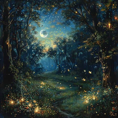 "Enchanted evenings whisper secrets through the trees, as fireflies dance to the moon's lullaby. 🌕✨🌿 #enchantedforest #moonlitnight #fireflies #whimsicalwoods #magicalmoments #naturelover #fairytalewoods #mysticmoon #forestphotography #naturesbeauty #nightscenery #enchantedevening #moonandstars #glowingforest #sereneviews #woodlandwonders #midsummernights #dreamylandscape #forestfairies #peacefulplace #moonglow #forestmagic #nighttimeadventures #starryforest #tranquilscenes #fantasyforest #mo... Lullabies Aesthetic, Fairy Forest Aesthetic, Night Time Forest, Fireflies Painting, Firefly Wallpaper, Magic Scenery, Enchanted Forest Painting, Enchanted Forest Art, Midnight Summer Dream