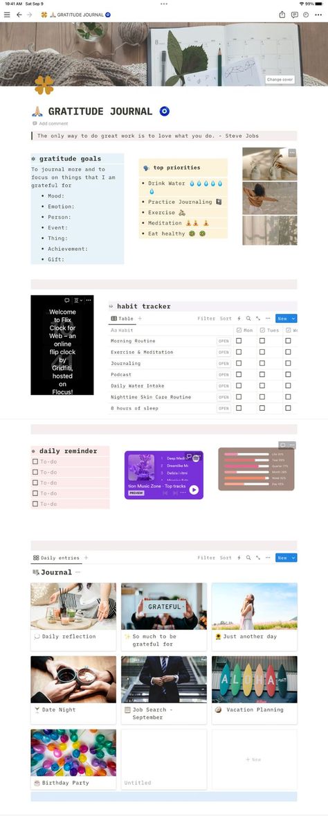 Long image of the entire first page of the Notion template for gratitude journal and habit tracker Gratitude Journal Notion, Notion Journal Template Free, Notion Template Free Download, Notion Journal Template, Notion Journal, Notion Inspiration, Notion Setup, Organization Templates, Notion Inspo