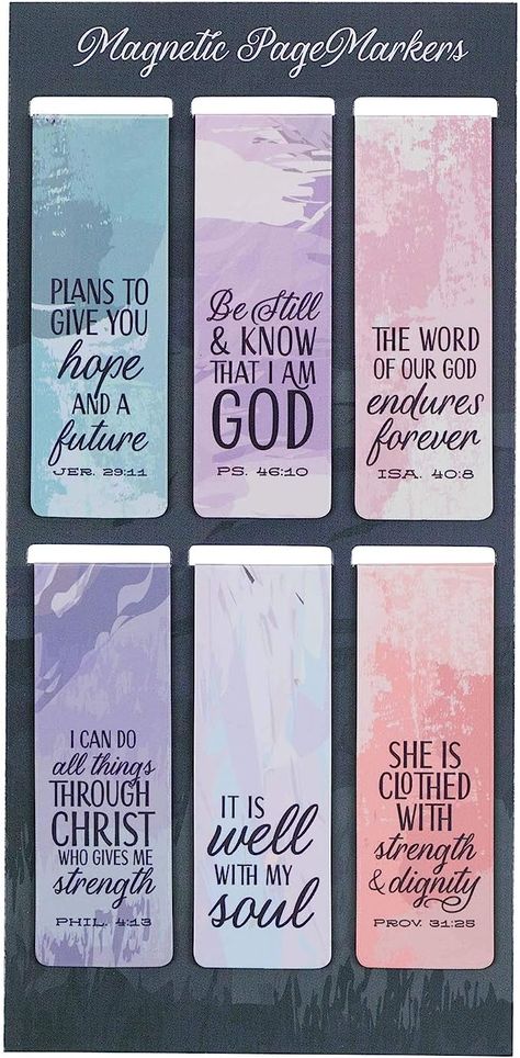 Keep your place secure with these magnetic bookmarks designed to fold over the page of your Bible, Bible Study book or favorite novel. These six bookmarks are sure to become your favorite way to keep your place. These little magnets are sturdy and will not fall off the page. Book Marks Design Ideas, Bible Accessories, Verse Bookmark, Mark Bible, Bookmark Size, Christian Art Gifts, Bible Study Books, Bible Bookmark, Bible Doodling