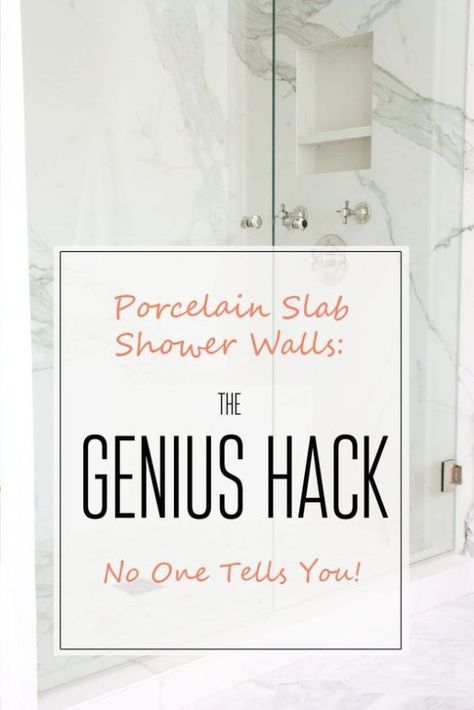 Our porcelain slab shower walls are the stars of our bathroom remodel! See our story plus the benefits of having porcelain slab shower walls! Slab Shower Walls, Large Tile Bathroom, Master Shower Tile, Large Shower Tile, Paint Tiles, Marble Shower Walls, Marble Shower Tile, Master Bath Tile, White Tile Shower