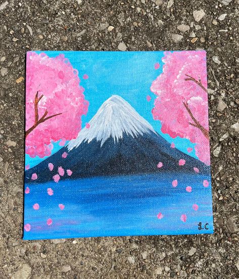 Panal canvas painted by me. Bright vibrant colors with acrylic paints and a triple layer finish. Landscape of Mount Fuji framed with pink cherry blossoms. Japan Canvas Painting, Fuji Painting, Korean Posters, Painting Wooden Letters, Monte Fuji, Eyes Art, Mont Fuji, Zen Doodle Art, Draw Art