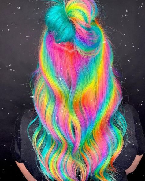 Bright Rainbow Hair, Rainbow Hair Inspiration, Spring Vivid Hair Color, Rainbow Peekaboo Hair, Funky Hair Color Ideas, Prism Hair, Neon Hair Color, Exotic Hair Color, Unicorn Hair Color