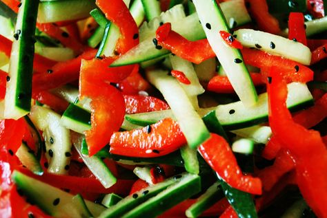 Cucumber & Red Pepper Salad Red Pepper Salad, Spicy Green Beans, Bell Pepper Salad, Pepper Salad, Refreshing Salad, Tasty Kitchen, Recipe Community, Salad Bar, Cucumber Salad