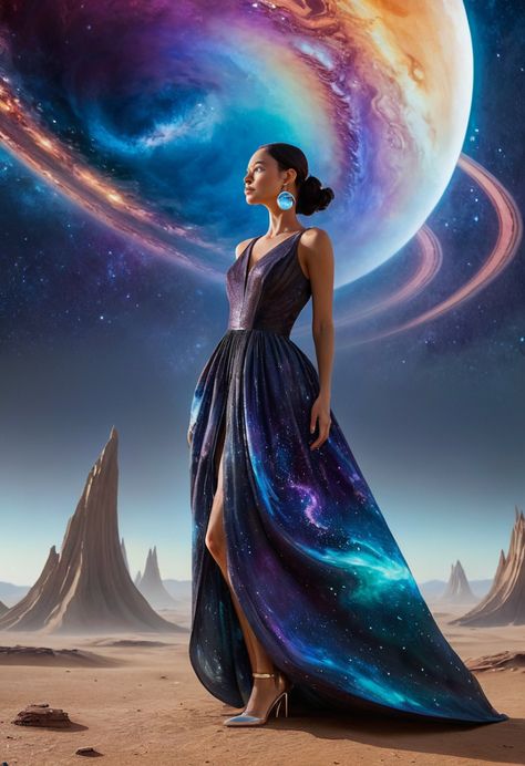 Cosmic Queen: Galaxy-Inspired Gown on Alien World Space Glam Fashion, Space Royalty, Fantasy Galaxy Dress, Galaxy Gown, Cosmic Core Dress, Galaxy Theme Fashion Show, Space Runway Fashion, Planet Dresses, Textured Gown