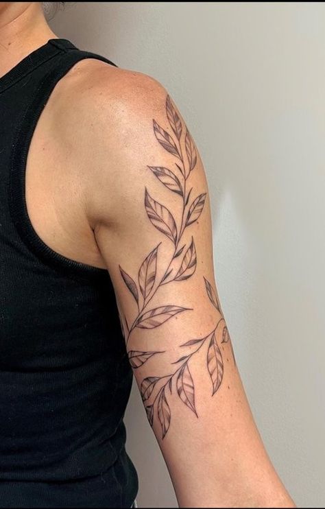 Fine Line Leaves Tattoo, Shoulder Leaf Tattoo, Fine Line Leaf Tattoo, Leaf Shoulder Tattoo, Arm Tattoo Leaves, Fine Line Shoulder Tattoo, Denver Tattoo, T Henry, Arm Wrap Tattoo