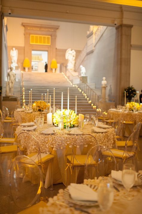 wedding reception idea; photo: Adam Barnes Photography Yellow Venue Quince, Yellow Quince Decorations, Sweet 16 Party Ideas Yellow, Yellow Quince Theme, Yellow Sweet 16, Yellow Wedding Reception, Quinceanera Table, Yellow Themed Wedding, Yellow Quince