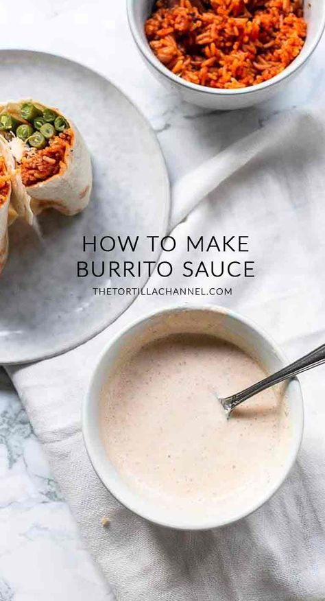 What to serve with your burrito recipes? Try this burrito sauce recipe. It is super easy to make and you have it on the table in no time. Visit thetortillachannel.com for the full recipe + video #thetortillachannel #burritosauce #burritosaucerecipe #saucerecipe Wraps Sauce Recipe, Breakfast Burrito Dipping Sauce, How To Make Burrito Sauce, Vegan Burrito Sauce, Breakfast Wrap Sauce, Burrito Dipping Sauce, Chicken Burrito Sauce, Homemade Burrito Sauce, Burrito Sauce Recipe Simple