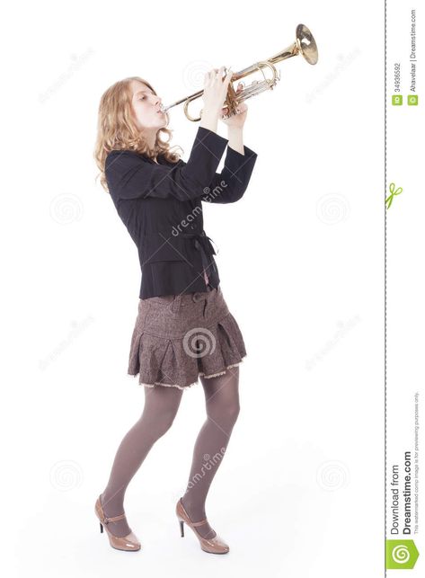 Playing Trumpet Pose, Playing Trumpet, Family Shoot, Dynamic Poses, Black Hat, Young Woman, Pose Reference, Art Tutorials, Stock Photography