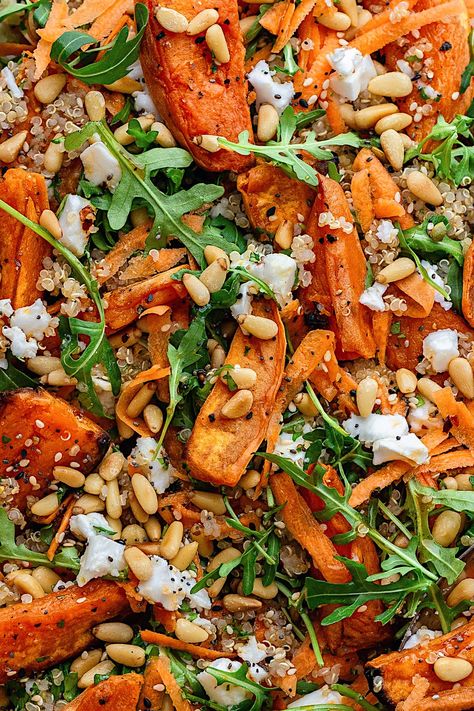 Roasted Sweet Potato, Carrot, Quinoa and Feta Salad - Cupful of Kale Sweet Potato Carrot, Quinoa Sweet Potato, Healthy Veggie, Roasted Sweet Potato, Salad With Sweet Potato, Feta Salad, Meal Recipes, Roasted Sweet Potatoes, Delicious Salads